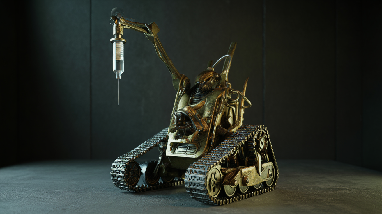 Figure 1 — An interpretive concept plate of the Lethal Injection Attack Droid
Prototype: a low tracked base, an exposed control deck, and the forward arm
presenting a glass syringe. Generated with …