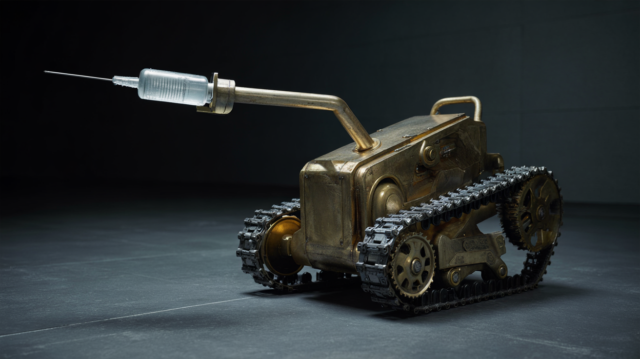 Figure 1 — An interpretive scene of the conceit the work proposes: the droid
advancing on its tracks with the syringe arm extended, the executioner reduced to
a programmed device. Generated with Id…
