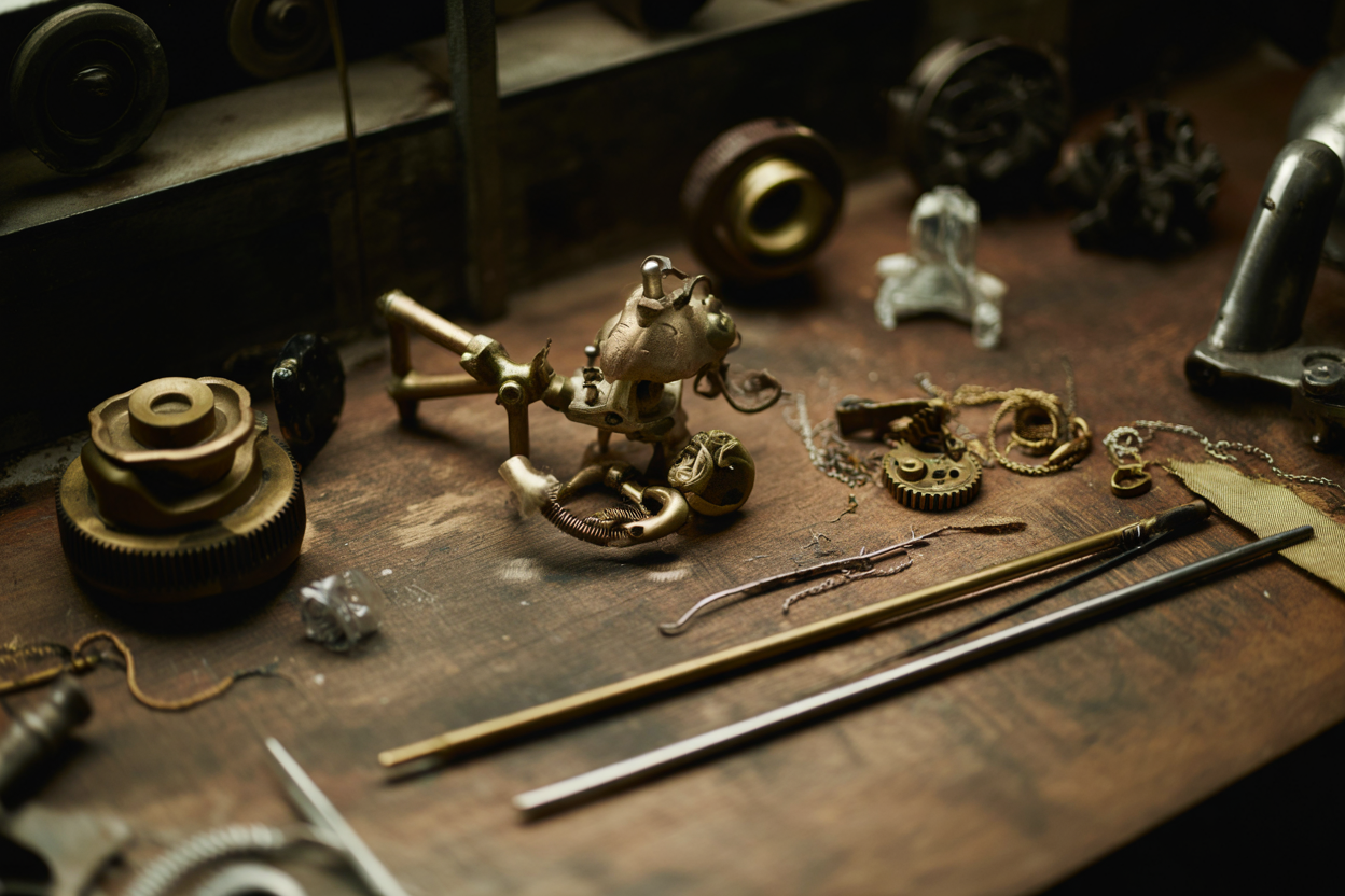 Figure 1 — An interpretive maker's-bench still life evoking the cybermechanical
method: salvaged brass and steel parts, fittings, and fasteners staged as the raw
material of a build. Generated with…