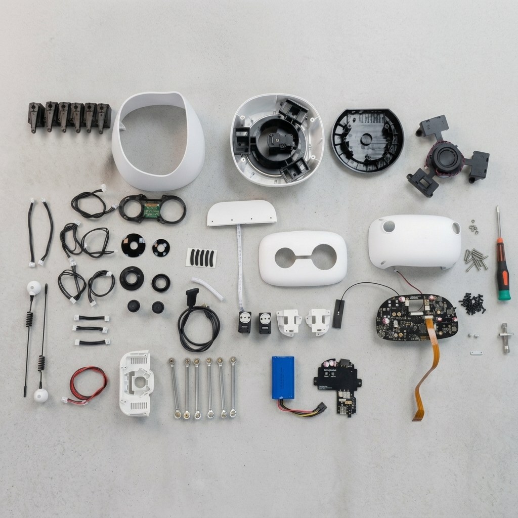 Figure 1 — The Wireless kit laid out: shells, the six Stewart-platform linkages, servos, wiring looms, camera, main board, battery, antennas, fasteners and the supplied screwdriver. Reference only …