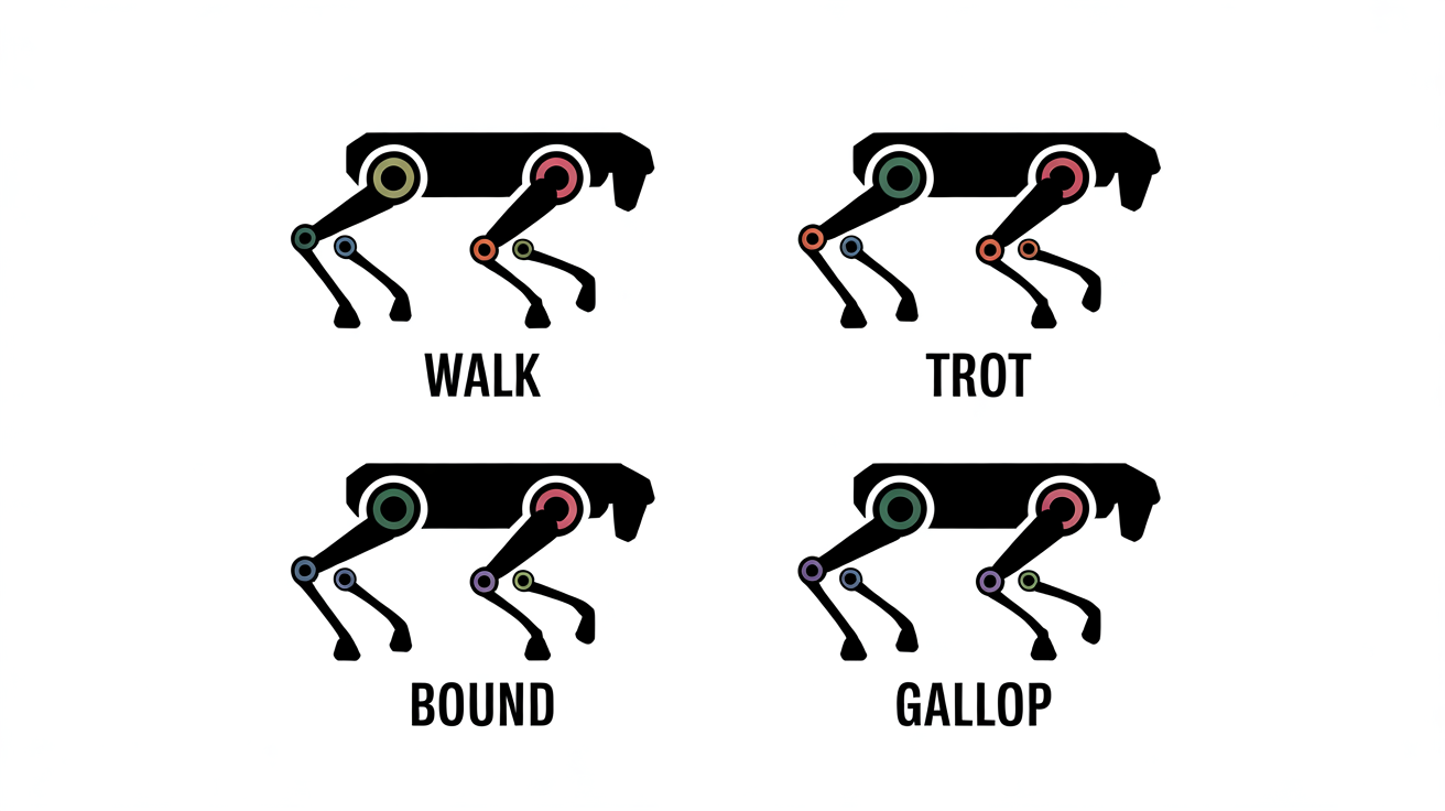 Figure 4 — Gait taxonomy for quadruped robots: walk (≥3 feet always on ground, static), trot (diagonal pairs alternate, quasi-static or dynamic), bound (front and rear pairs alternate, brief flight phase), an…