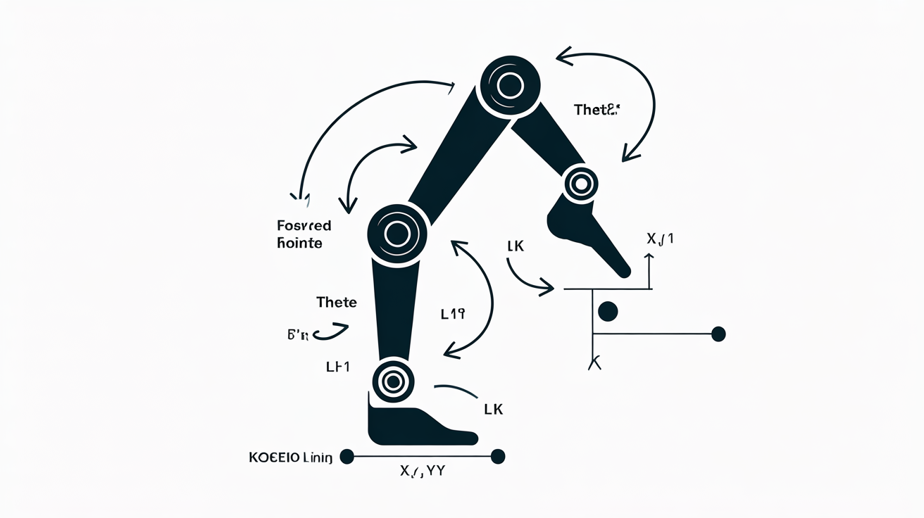 Figure 5 — Inverse kinematics for a standard two-link robot leg. Given a desired foot position (x, y) in the hip frame, the joint angles θ₁ (HFE) and θ₂ (KFE) are determined analytically from the law of cosin…