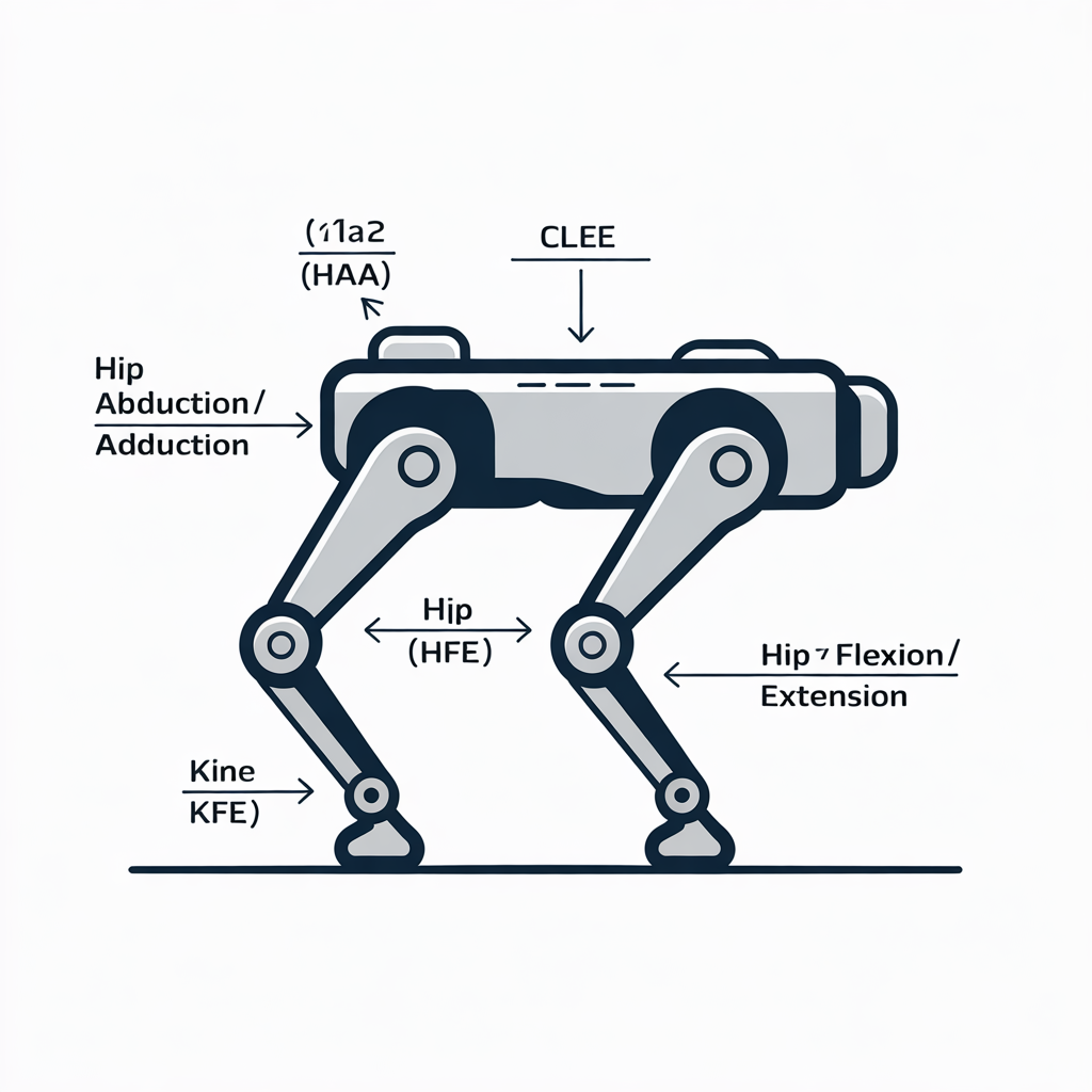 Figure 3 — Schematic of a standard three-degree-of-freedom quadruped leg. The hip abduction/adduction (HAA) joint rotates the leg side-to-side; the hip flexion/extension (HFE) joint swings it fore and aft; th…