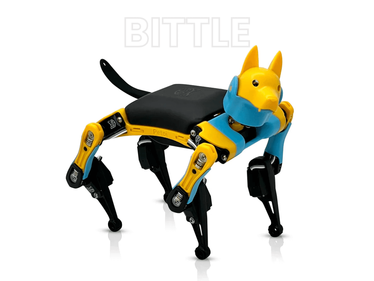 Figure 4 — The Petoi Bittle robot dog, shown in the vendor's product colors. At US $289-$299, the Bittle is the most accessible entry point into functional programmable quadruped robotics.