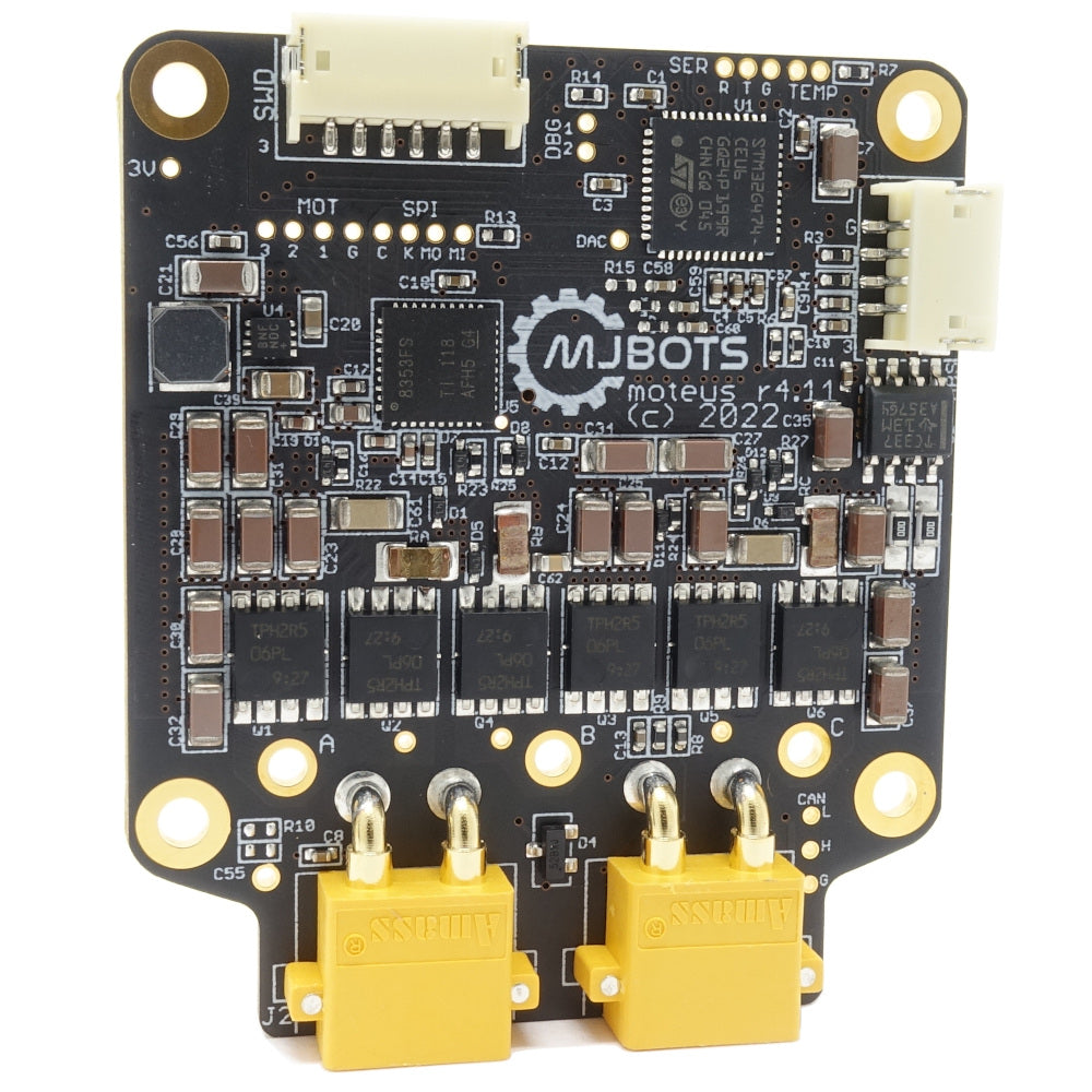 Figure 2 — The mjbots moteus r4.11 brushless FOC controller occupies 46×53 mm at 14.2 g and delivers 900 W peak electrical power on CAN-FD at up to 5 Mbps. At US $94 per unit (bulk), it is the most power-dens…