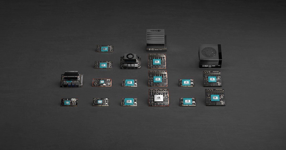 Figure 3 — The NVIDIA Jetson Orin module family, including the Orin NX (up to 100 TOPS in standard configuration, 157 TOPS in Super Mode with JetPack 6.2) and AGX Orin (275 TOPS). The module format is identic…