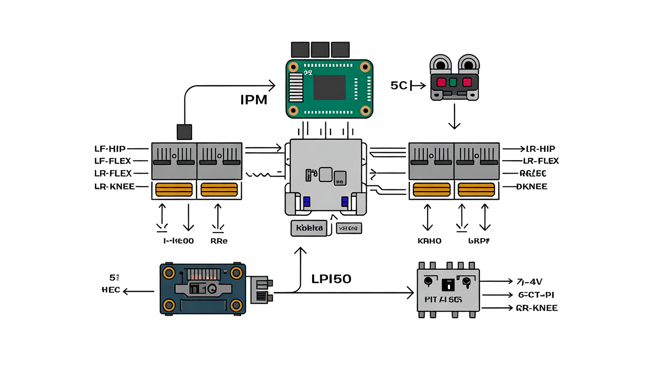Figure 2 — Electronics architecture for the Tier-1 FDM build. A Raspberry Pi 5 drives the PCA9685 PWM controller over I2C and the MPU-6050 IMU over a second I2C line. The PCA9685 distributes 12 PWM channels t…