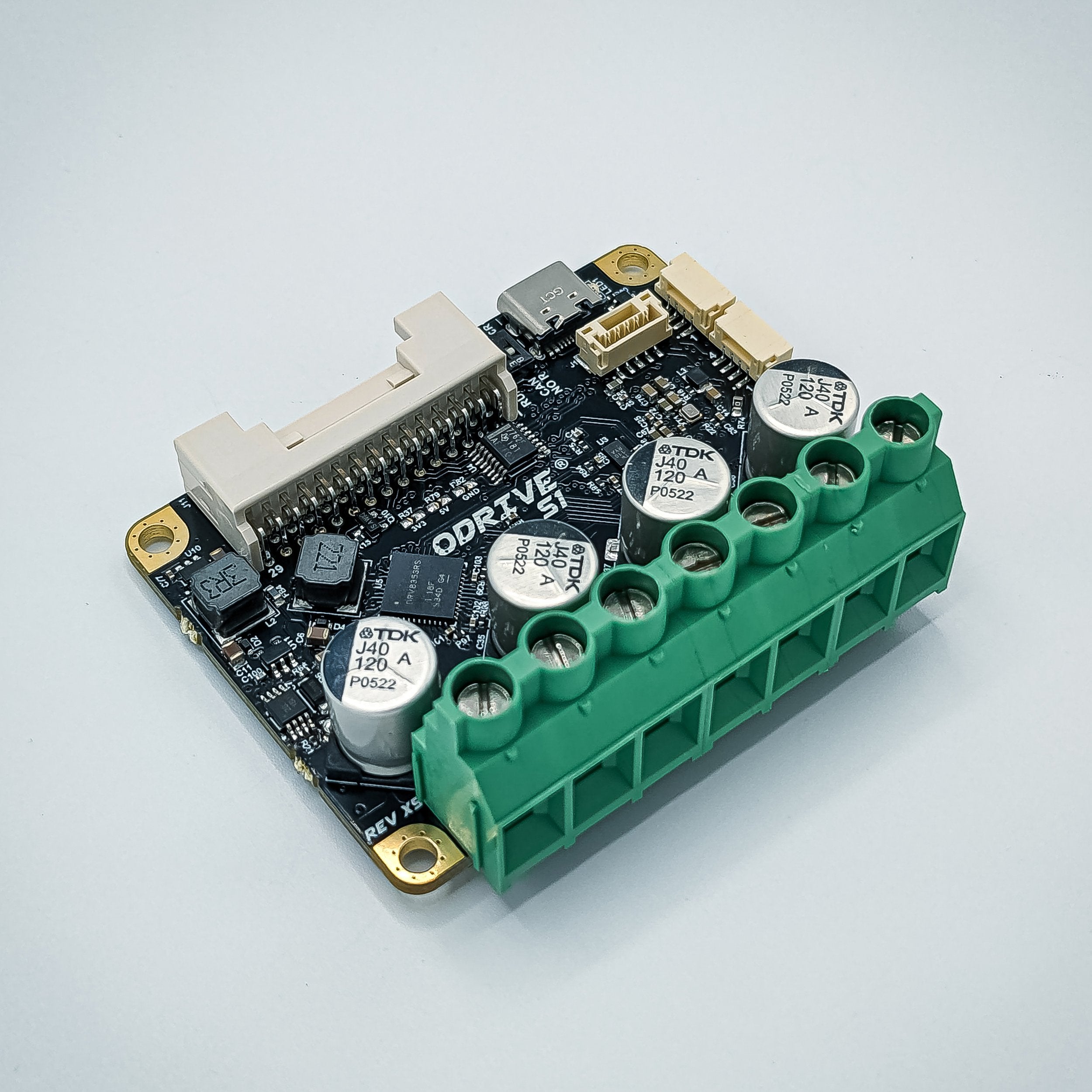 Figure 2 — The ODrive S1 single-axis brushless FOC motor controller from ODrive Robotics. At US $149, it operates on 12–48 V and supports 40 A continuous current, with interfaces spanning USB, UART, CAN, PWM,…