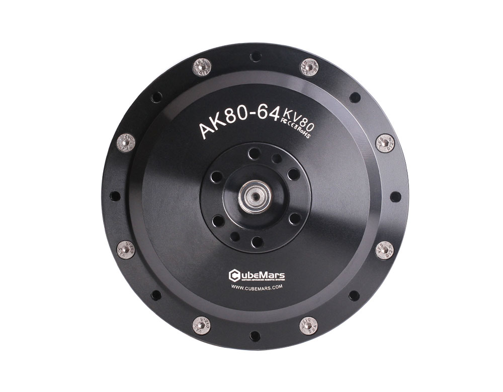 Figure 2 — The CubeMars AK80-64 KV80 robotic actuator — 120 N·m peak torque, 48 N·m rated, 850 g, 64:1 planetary reduction, Ø98×61.9 mm housing, 24/48 V, CAN bus FOC driver. Twelve units form the joint set fo…