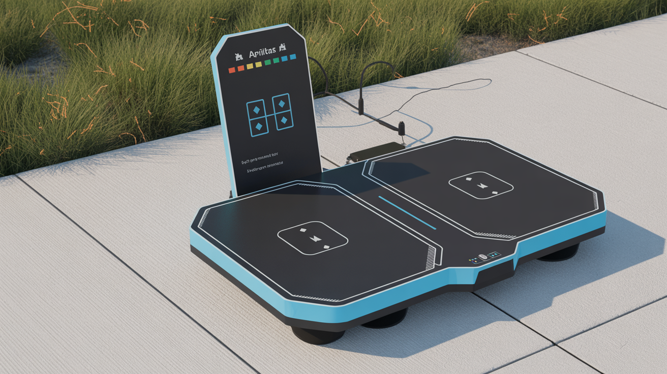 Figure 4 — Concept illustration of the Build 3 autonomous charging dock: a weatherproof low-profile outdoor station with contact charging pads on the approach face, an AprilTag fiducial marker panel for sub-5…