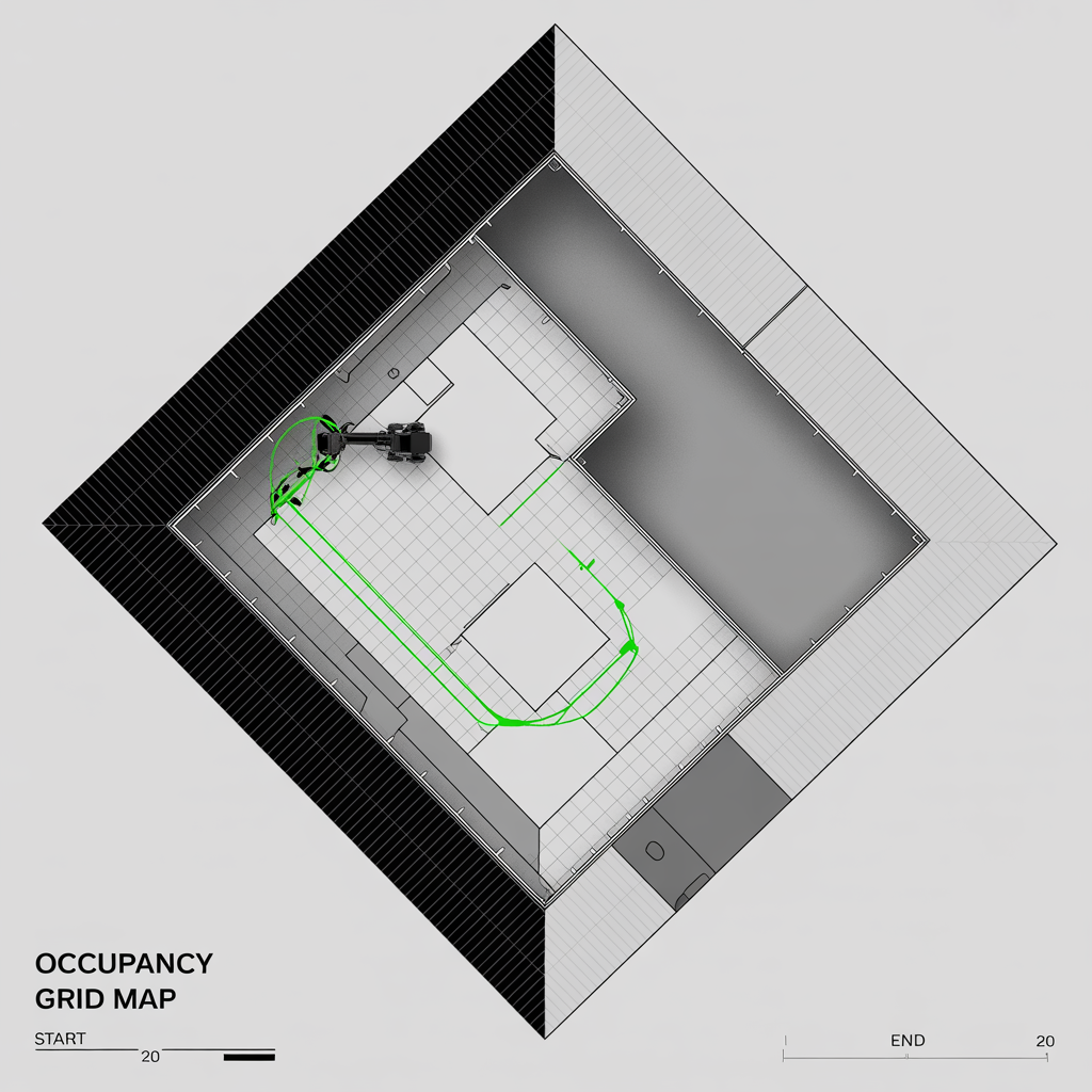 Figure 2 — An occupancy grid map as produced by a LiDAR SLAM algorithm. Occupied cells (walls, obstacles) appear black; free space is white; unobserved cells are gray. The robot's trajectory during map constr…
