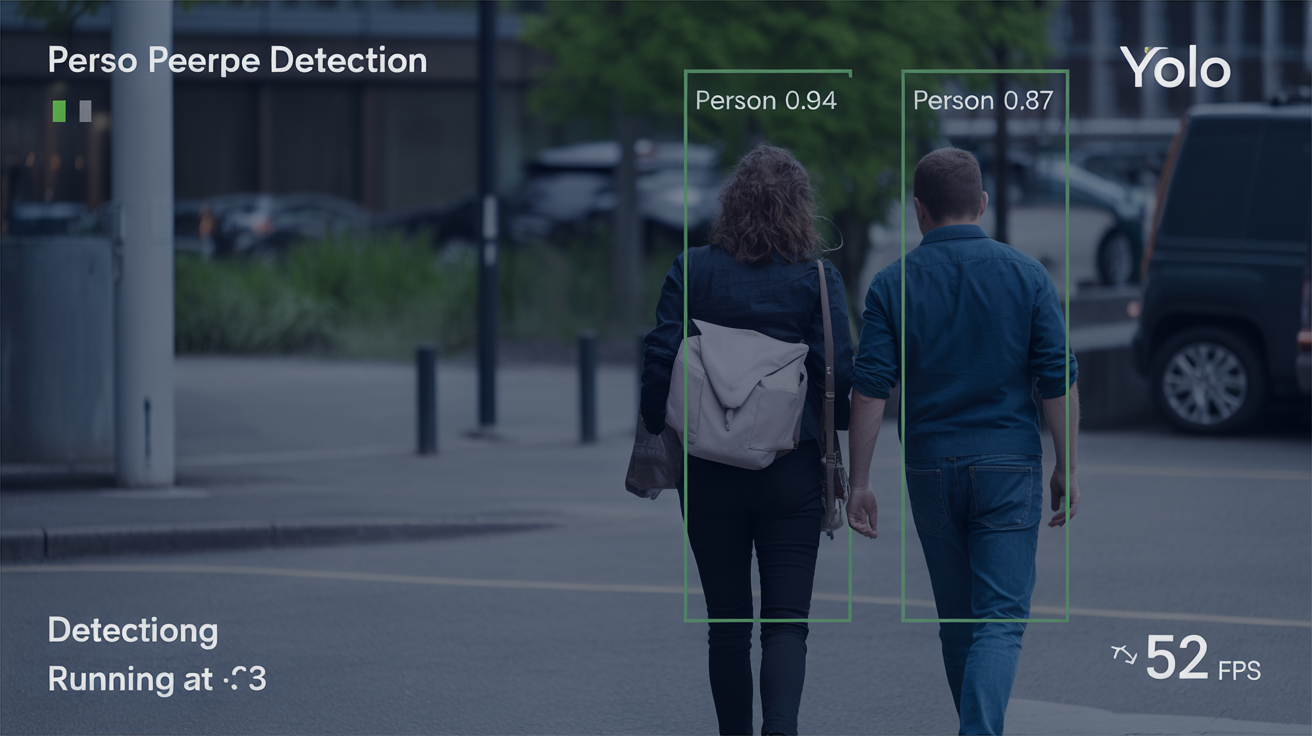 Figure 3 — Simulated security-camera view showing real-time person detection by a YOLO model. Green bounding boxes are drawn around detected persons with confidence scores (0.87, 0.94). This inference class —…